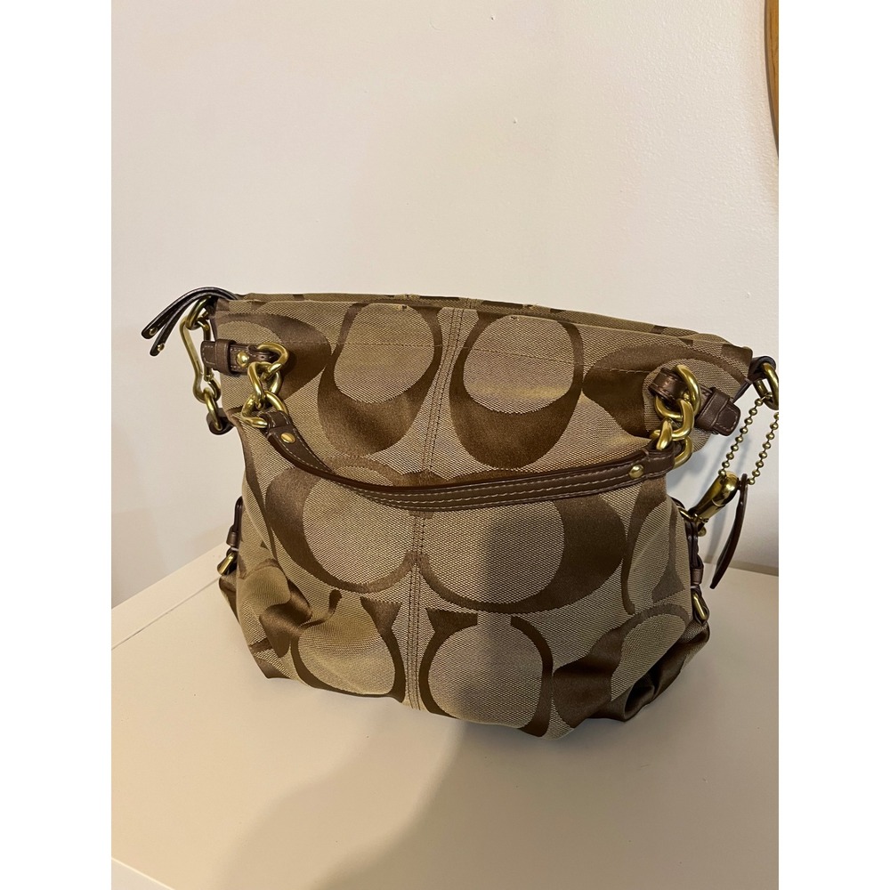 Coach Signature Large C Jacquard Hobo Bag Brown Khaki Metallic Trim Gold Hardwar